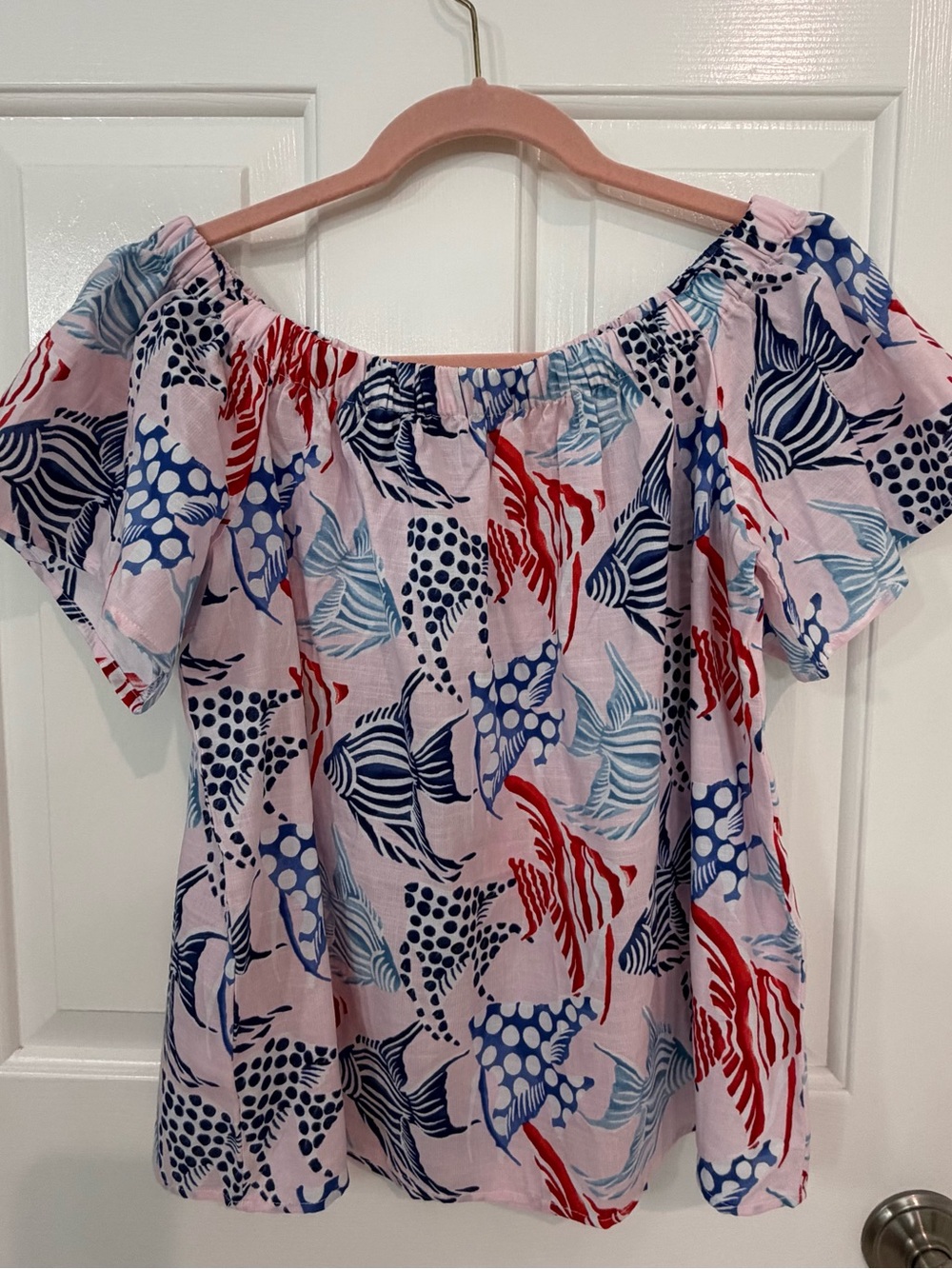 LOFT Pink Off-Shoulder Tropical Fish Print Top